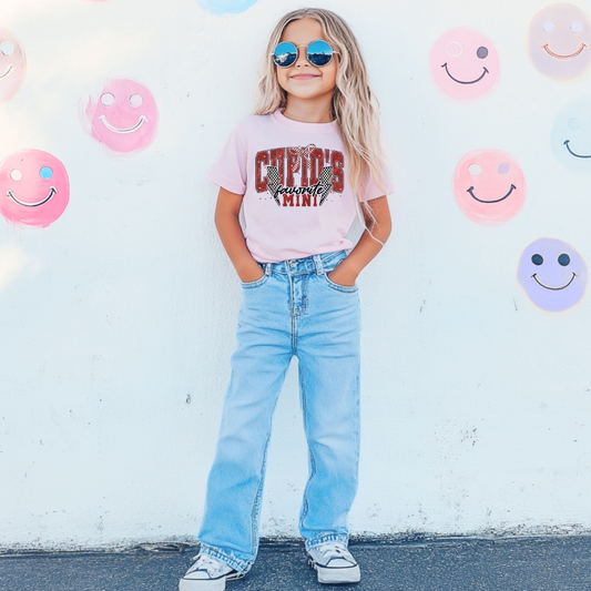 Customized Graphic tee youth Blossom pink Cupids favorite mini black and red font black and white checkered lightening bolt Matching adult crewneck as well as matching mama crewneck and graphic tee available. 