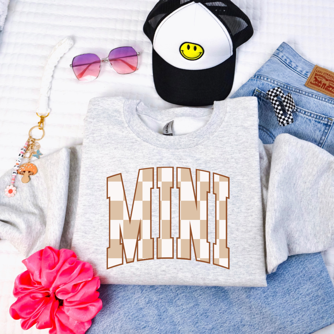 Customized grey  youth crewneck tan and white checkered Mini Matching mama crewneck and tees available. 