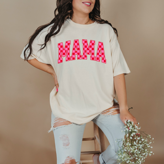 Customized Ivory Adult Graphic tee Varsity font Mama red and pink checkered Matching Mini tee and crewneck available