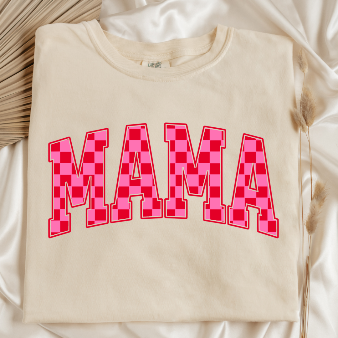 Customized Ivory Flat lay Adult Graphic tee Varsity font Mama red and pink checkered Matching Mini tee and crewneck available