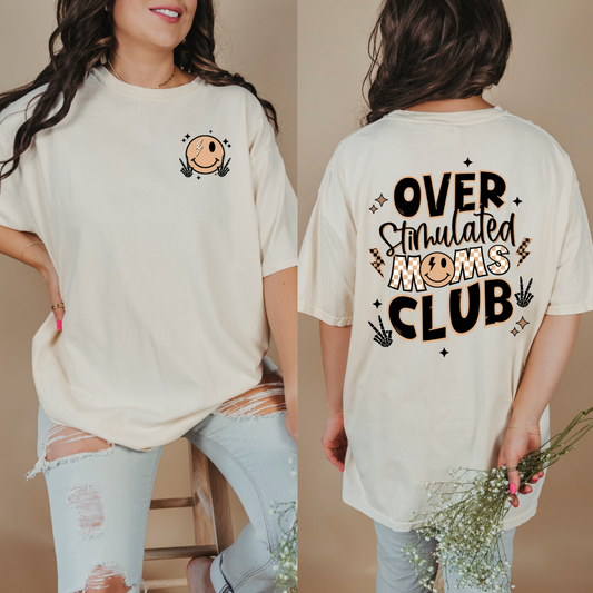 Customized Ivory Graphic tee tan and black overstimulated moms club checkered writing smiley face pocket front and smiley face on back