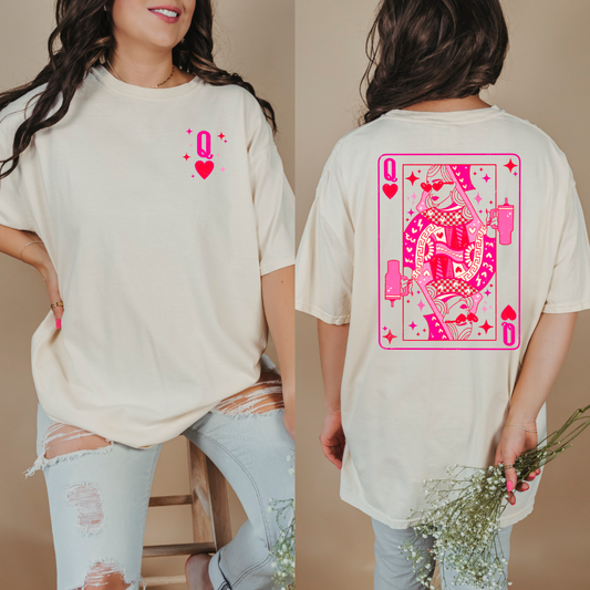 Customized Ivory Graphic tee with Pink and red queen of hearts back and Q pocket graphic