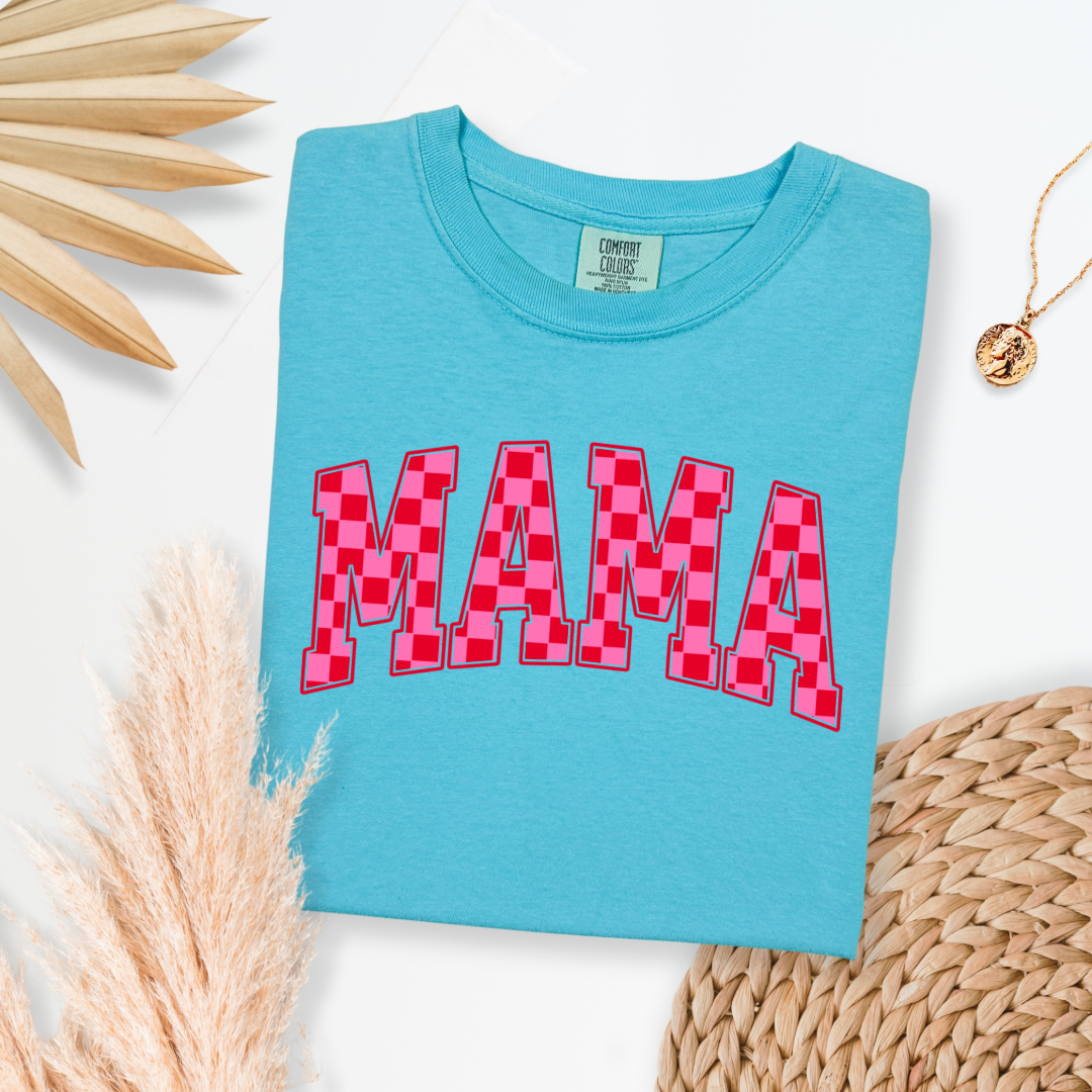 Customized Lagoon Blue Adult Graphic tee Varsity font Mama red and pink checkered Matching Mini tee and crewneck available