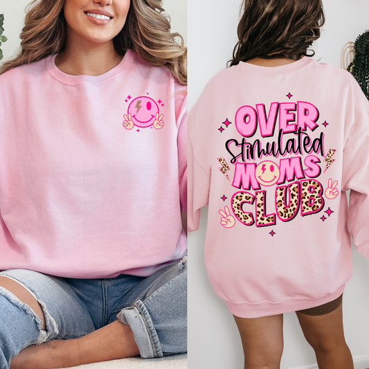 Customized Light Pink Adult Crewneck Overstimulated Moms club pink and cheetah print font with smiley face on front and back. 