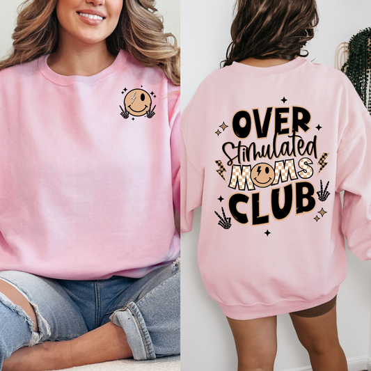Customized Light pink crewneck tan and black overstimulated moms club checkered writing smiley face pocket front and smiley face on back