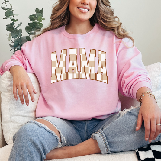 Customized Mama Adult Light Pink crewneck checkered beige and white Varsity font. Matching minis graphic tees and crewnecks available. 