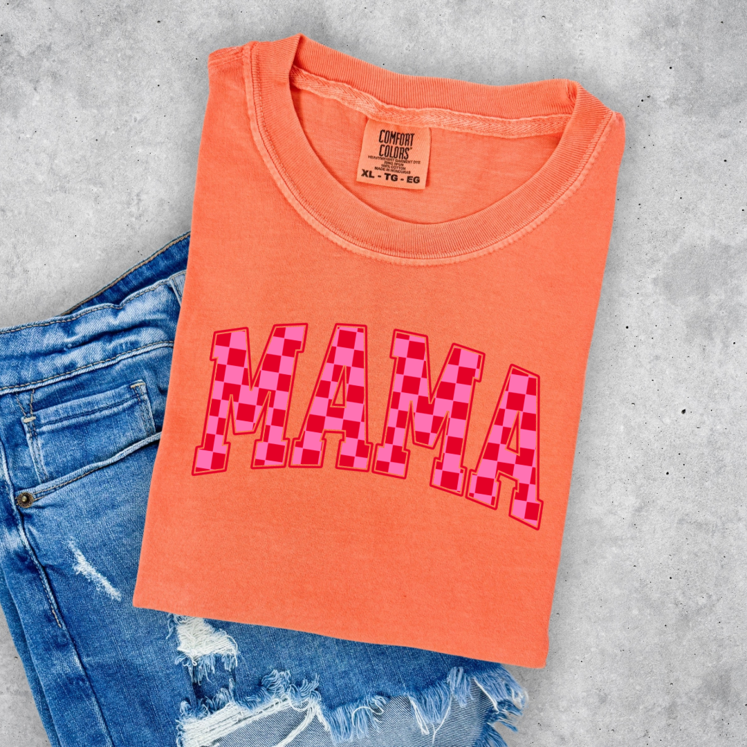 Customized Melon Orange Adult Graphic tee Varsity font Mama red and pink checkered Matching Mini tee and crewneck available
