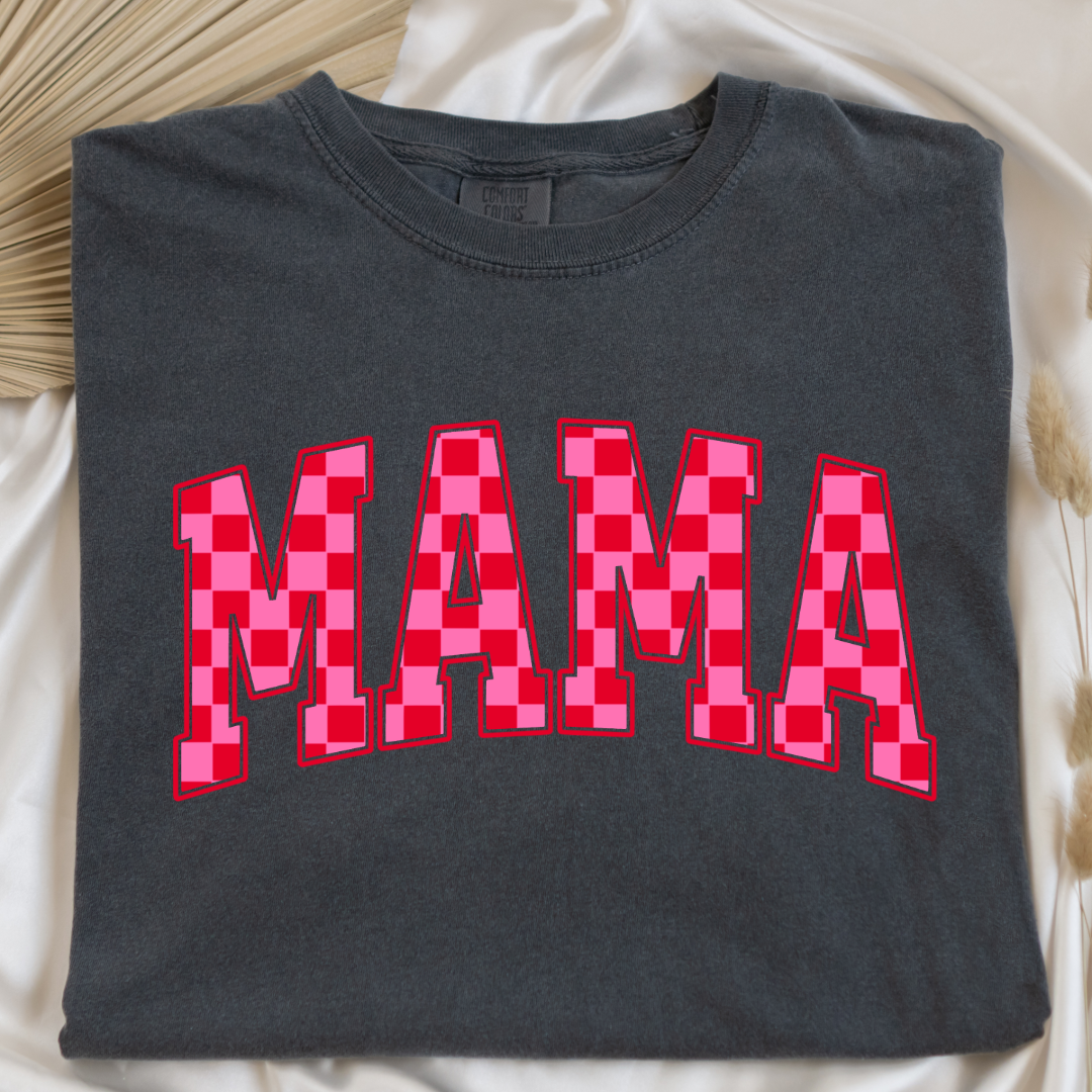 Customized Pepper Vintage black Adult Graphic tee Varsity font Mama red and pink checkered Matching Mini tee and crewneck available
