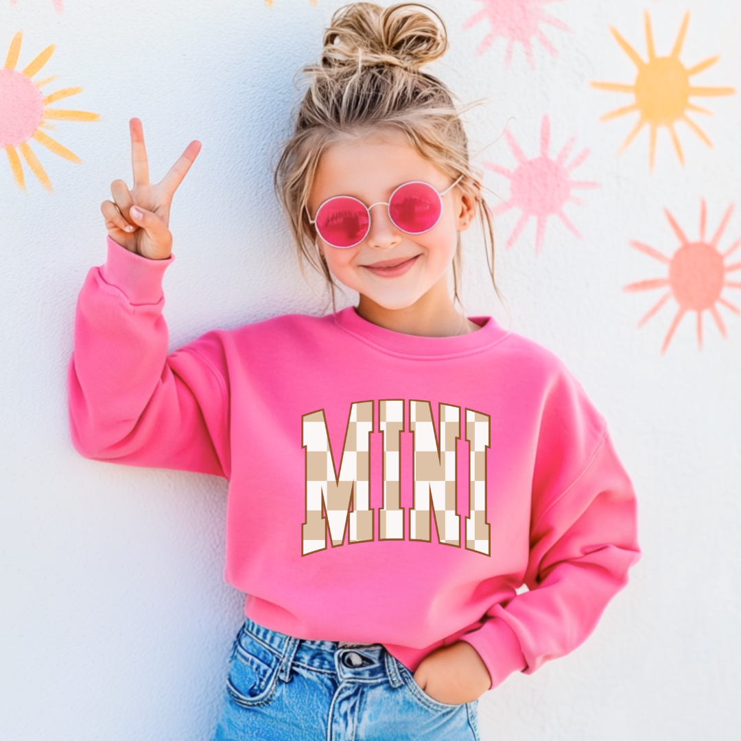 Customized Pink youth crewneck tan and white checkered Mini Matching Mama tee and crewneck available 