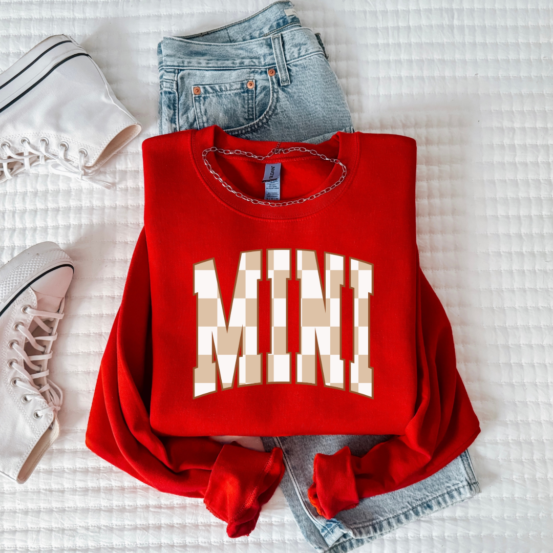 Customized Red youth crewneck tan and white checkered Mini Matching Mama tee and crewneck available 