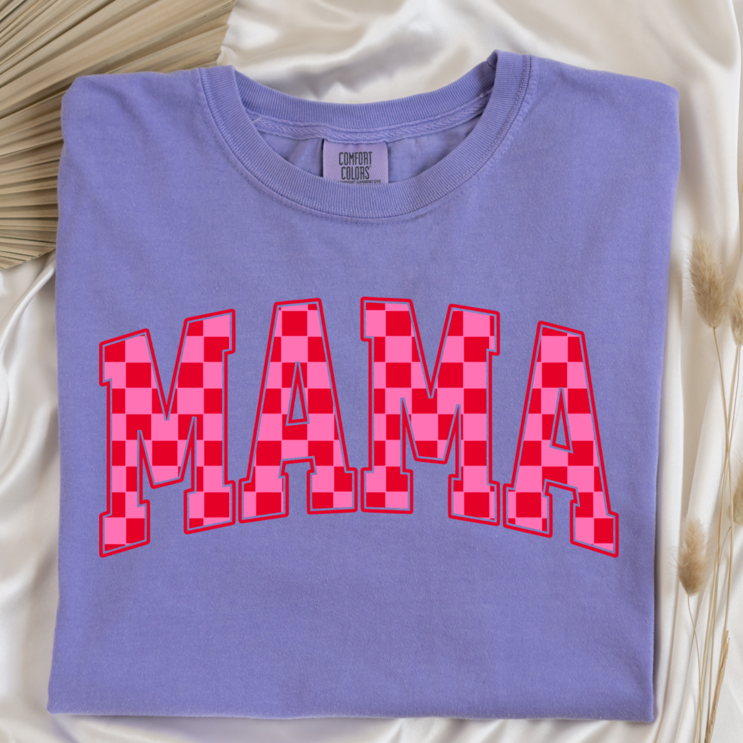 Customized Violet Adult Graphic tee Varsity font Mama red and pink checkered Matching Mini tee and crewneck available
