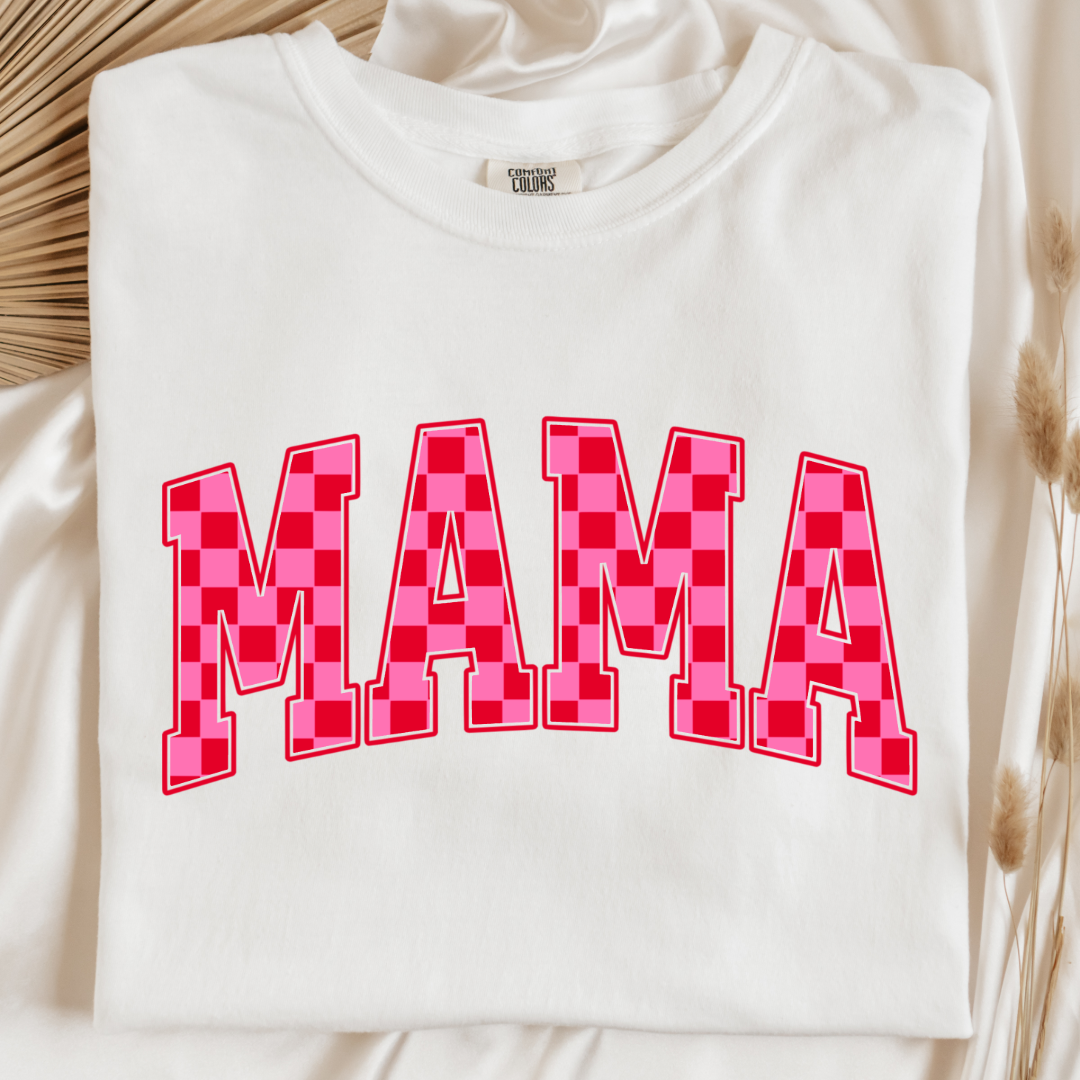 Customized White Adult Graphic tee Varsity font Mama red and pink checkered Matching Mini tee and crewneck available