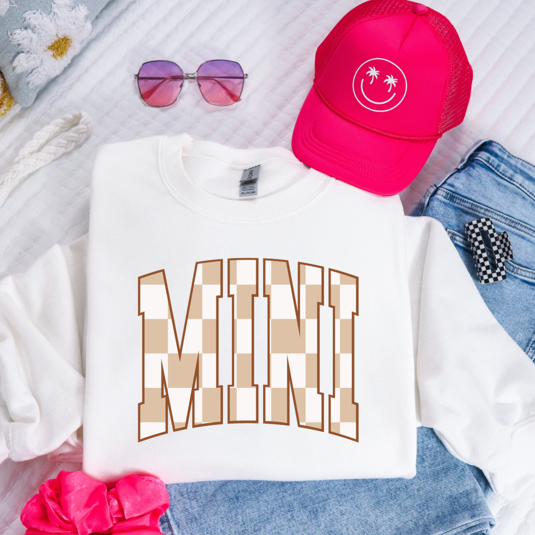 Customized White  youth crewneck tan and white checkered Mini Matching mama crewnecks and graphic tees available. 