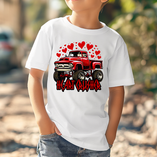 Customized Youth Boys white monster truck heart crusher Graphic tee. 
