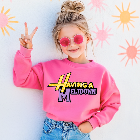 Customized Youth Pink Crewneck Having a meltdown yellow and purple groovy bubble font