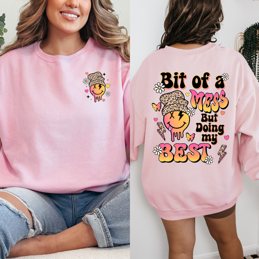 Customized light Pink Adult crewneck with black orange, pink and cheetah print font little bit of a mess but doing my best. Smiley face on back and front 