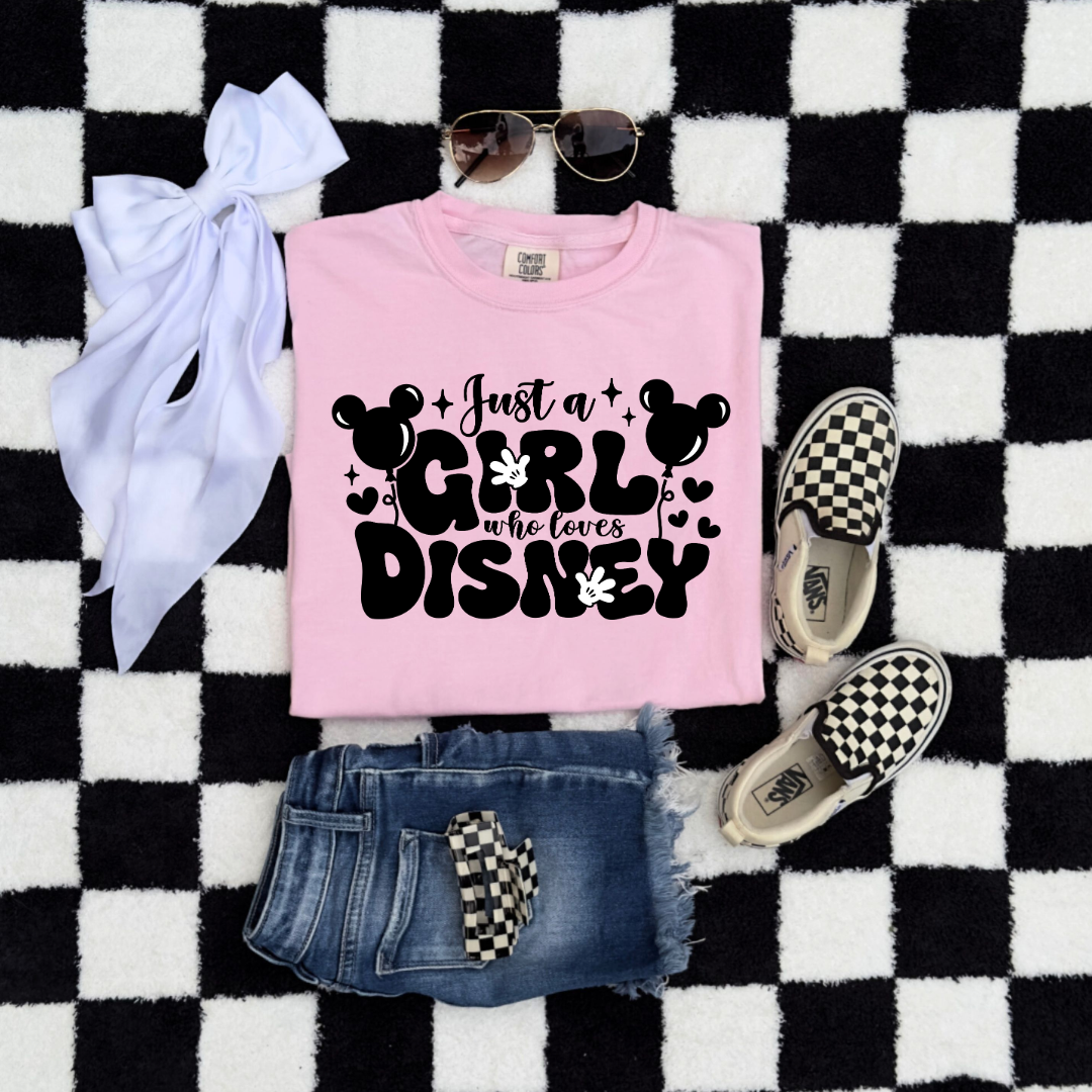 Customized youth Blossom Pink Flat Lay T-Shirt Just a girl who loves Disney bubble writing mickey balloon on string with mickey gloves 