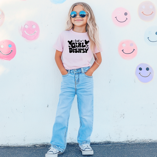 Customized youth Blossom Pink T-Shirt Just a girl who loves Disney bubble writing mickey balloon on string with mickey gloves 