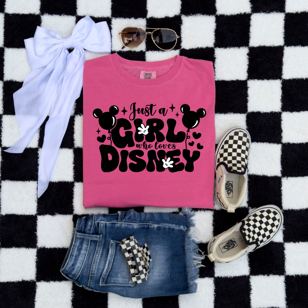 Customized youth Crunchberry Pink T-Shirt Just a girl who loves Disney bubble writing mickey balloon on string with mickey gloves 