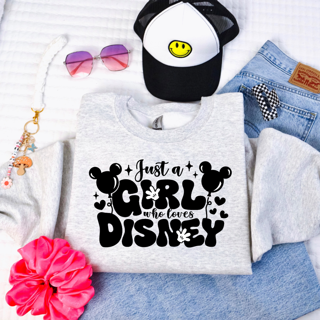 Customized youth Grey Crewneck Just a girl who loves Disney bubble writing mickey balloon on string with mickey gloves 