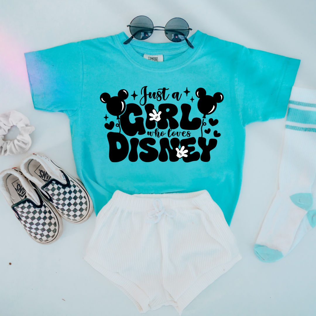 Customized youth Lagoon Blue T-Shirt Just a girl who loves Disney bubble writing mickey balloon on string with mickey gloves  