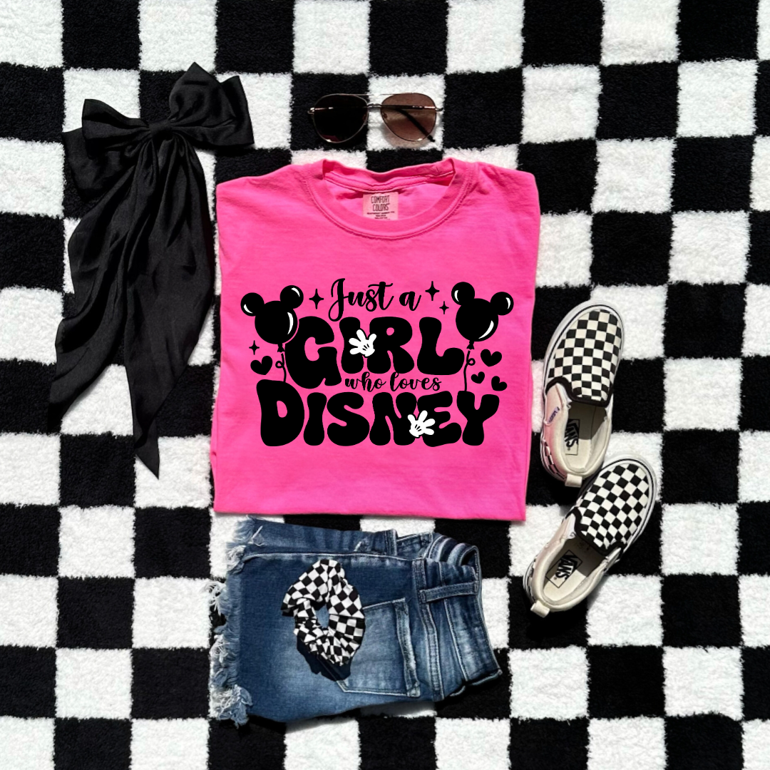 Customized youth Neon Pink T-Shirt Just a girl who loves Disney bubble writing mickey balloon on string with mickey gloves  