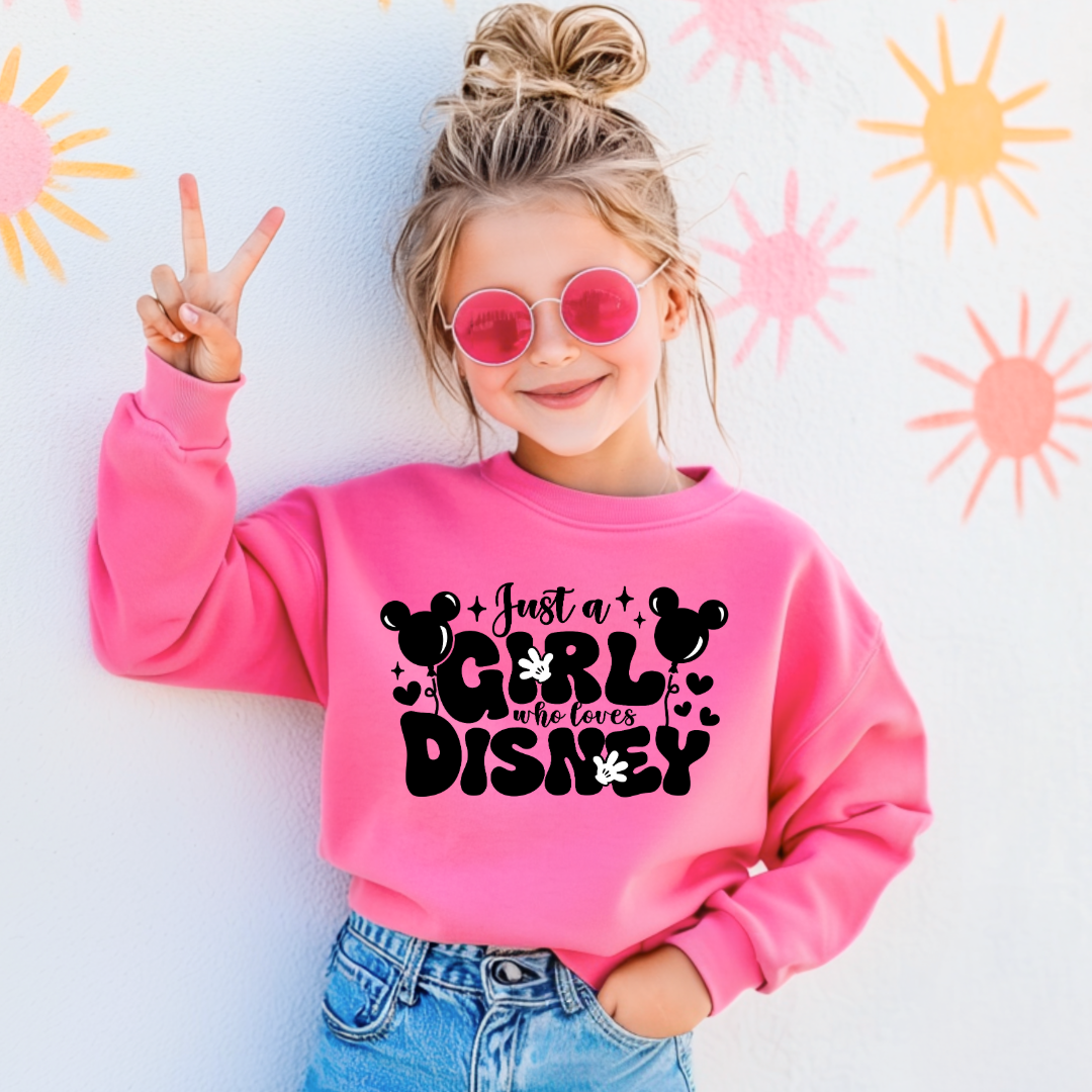 Customized youth Pink Crewneck Just a girl who loves Disney bubble writing mickey balloon on string with mickey gloves 