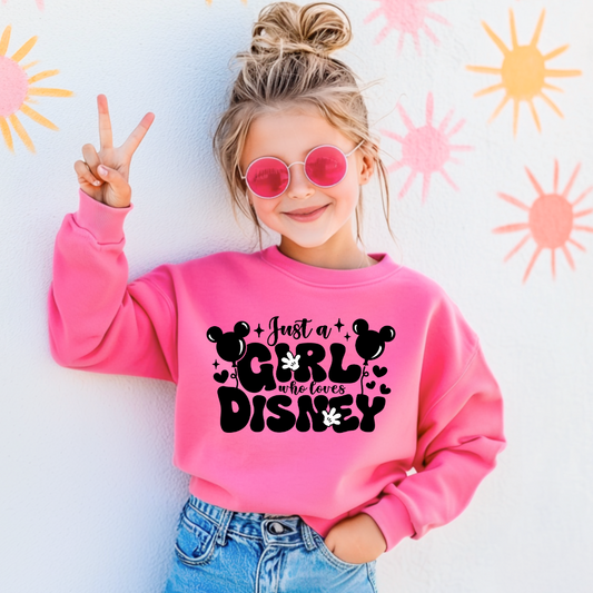 Customized youth Pink Crewneck Just a girl who loves Disney bubble writing mickey balloon on string with mickey gloves 