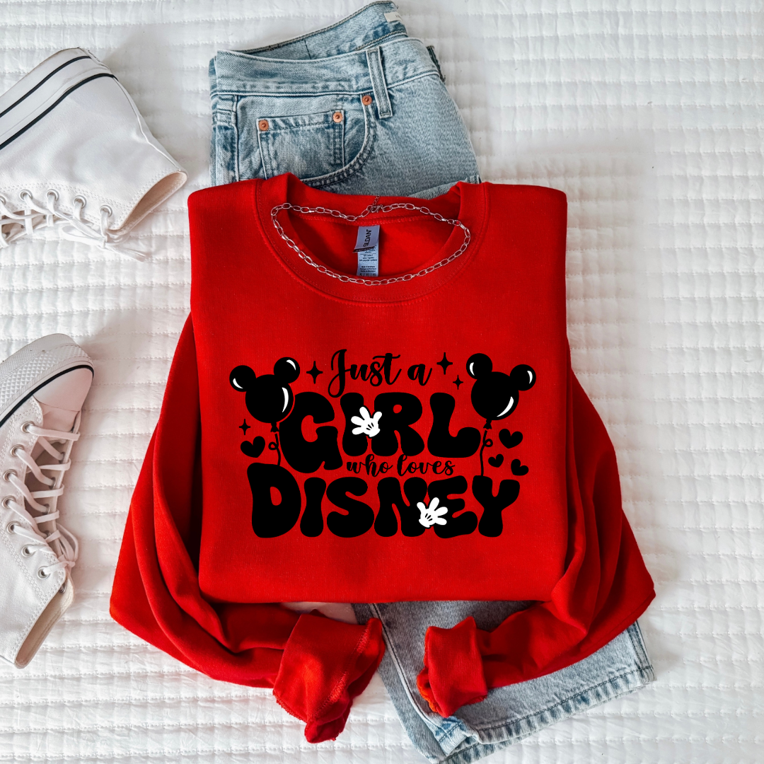 Customized youth Red Crewneck Just a girl who loves Disney bubble writing mickey balloon on string with mickey gloves 