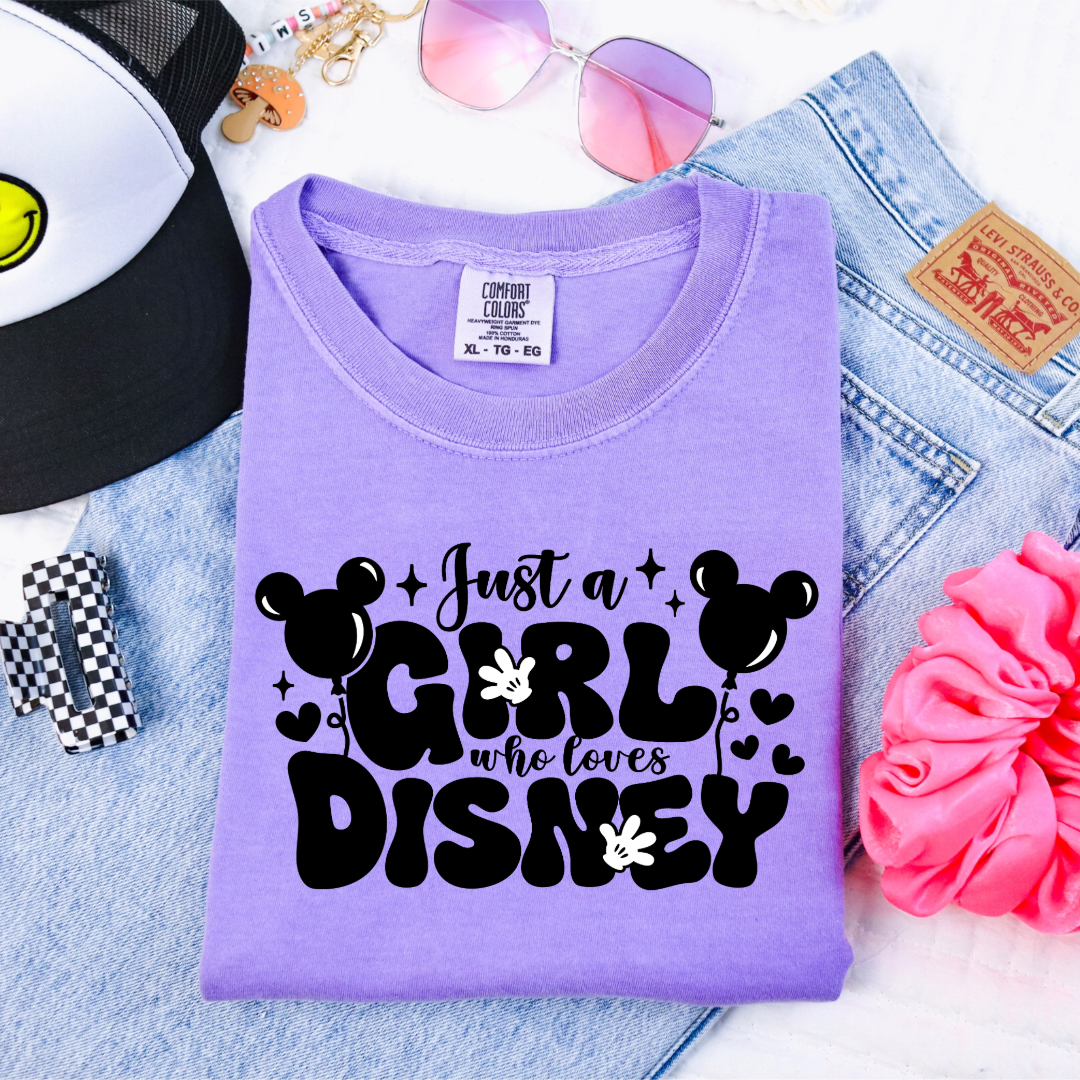 Customized youth Violet T-Shirt Just a girl who loves Disney bubble writing mickey balloon on string with mickey gloves  