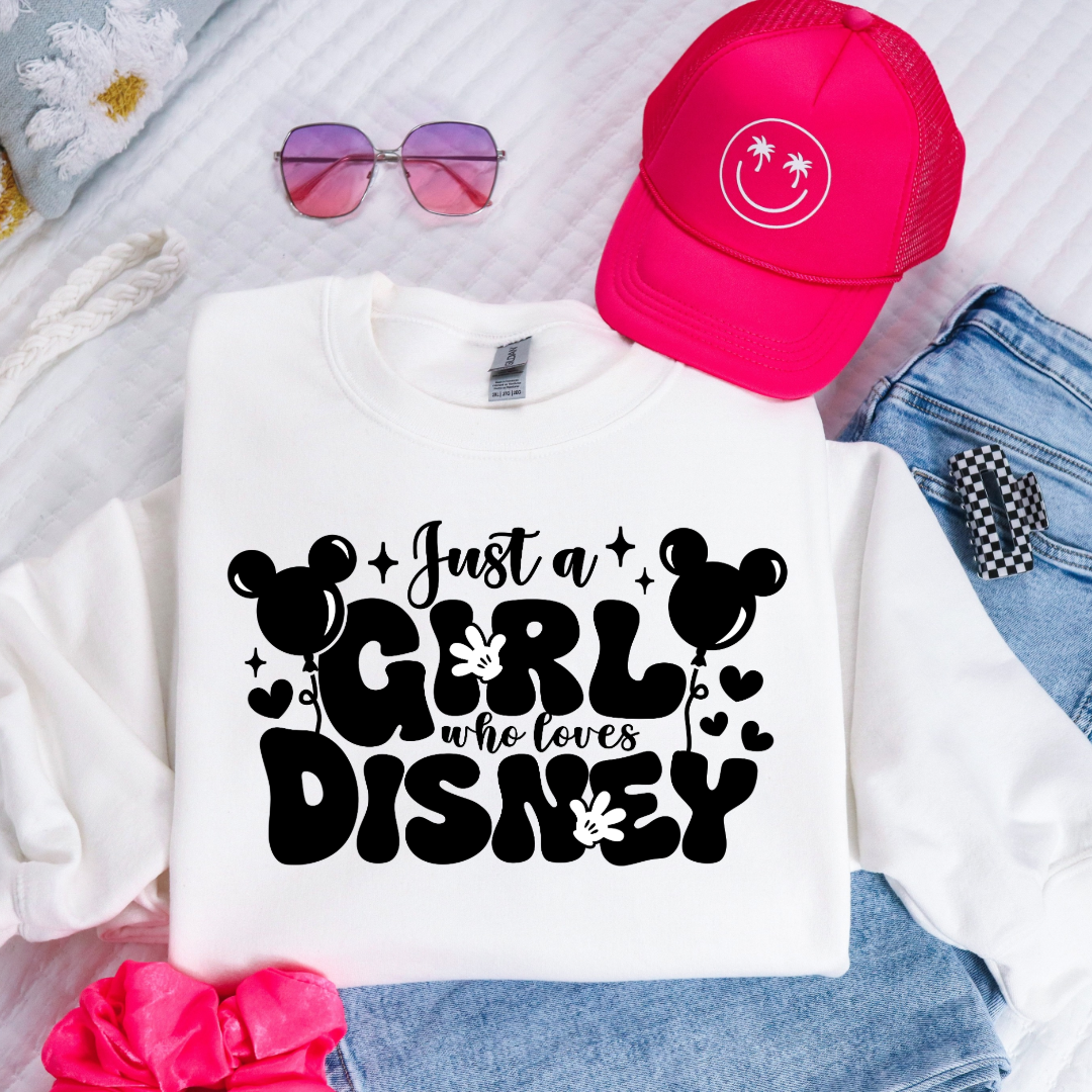 Customized youth White Crewneck Just a girl who loves Disney bubble writing mickey balloon on string with mickey gloves 