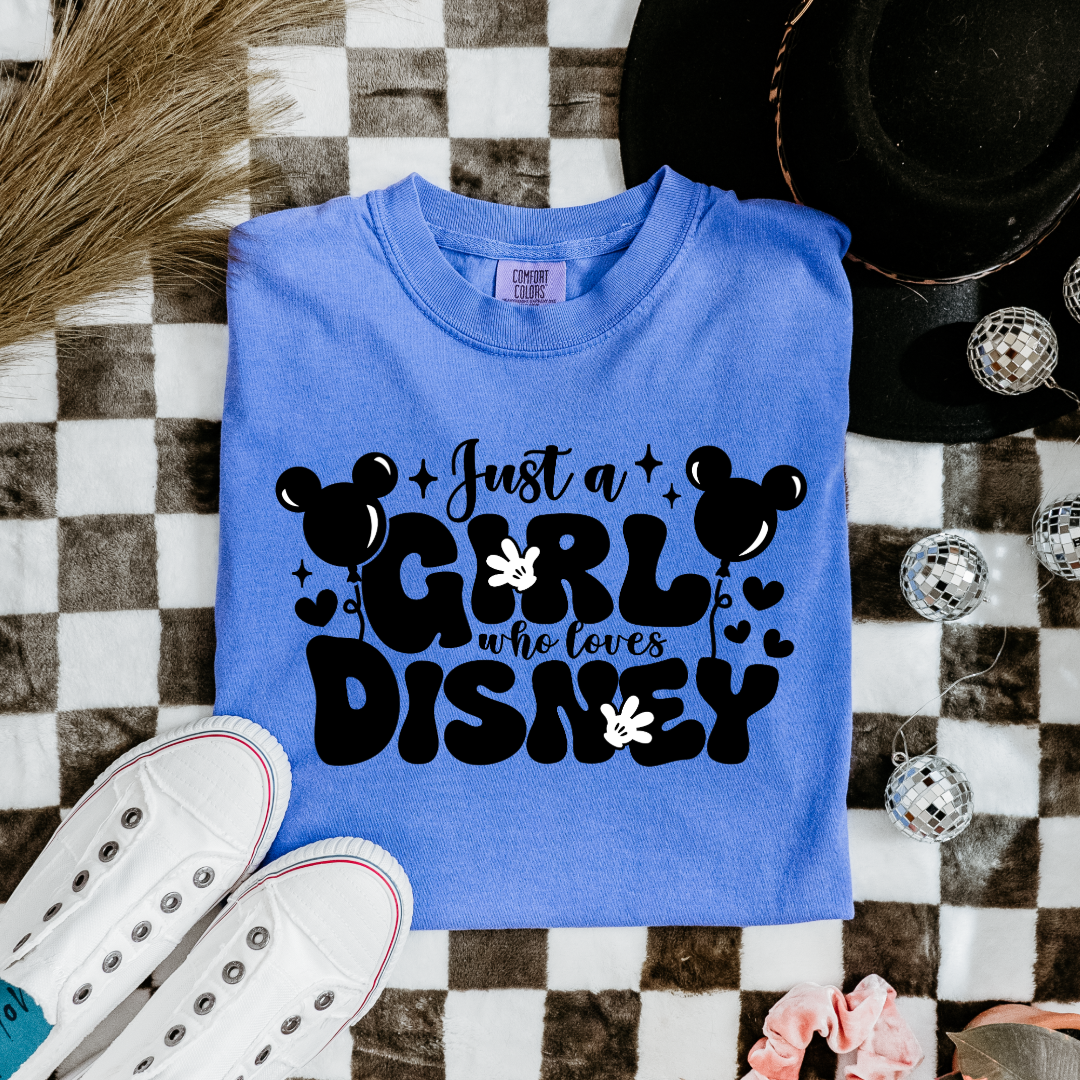 Customized youth and Adult Flo Blue T-Shirt Just a girl who loves Disney bubble writing mickey balloon on string with mickey gloves  