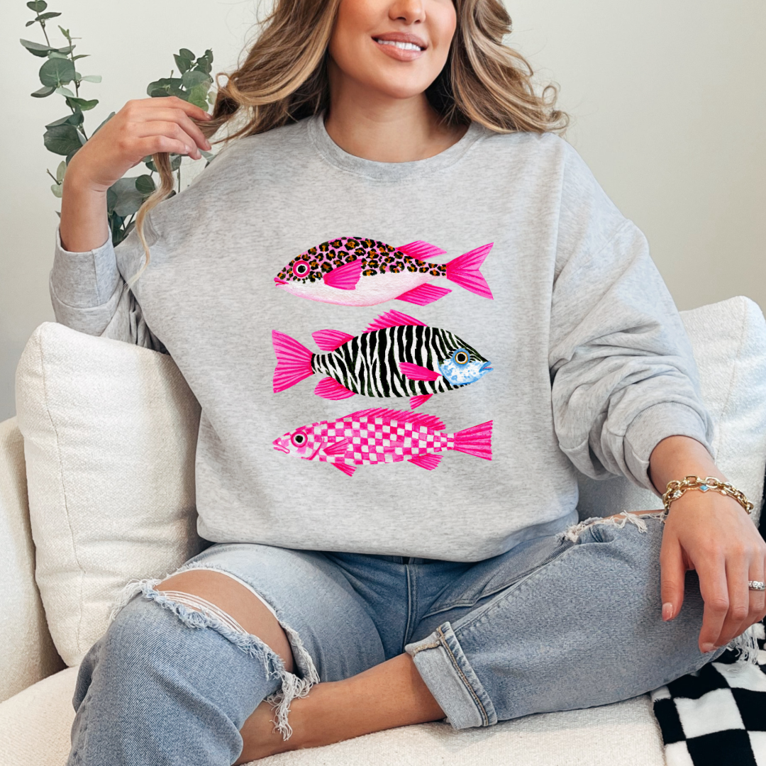 Three Pink Fish Graphic Tee & Crewneck