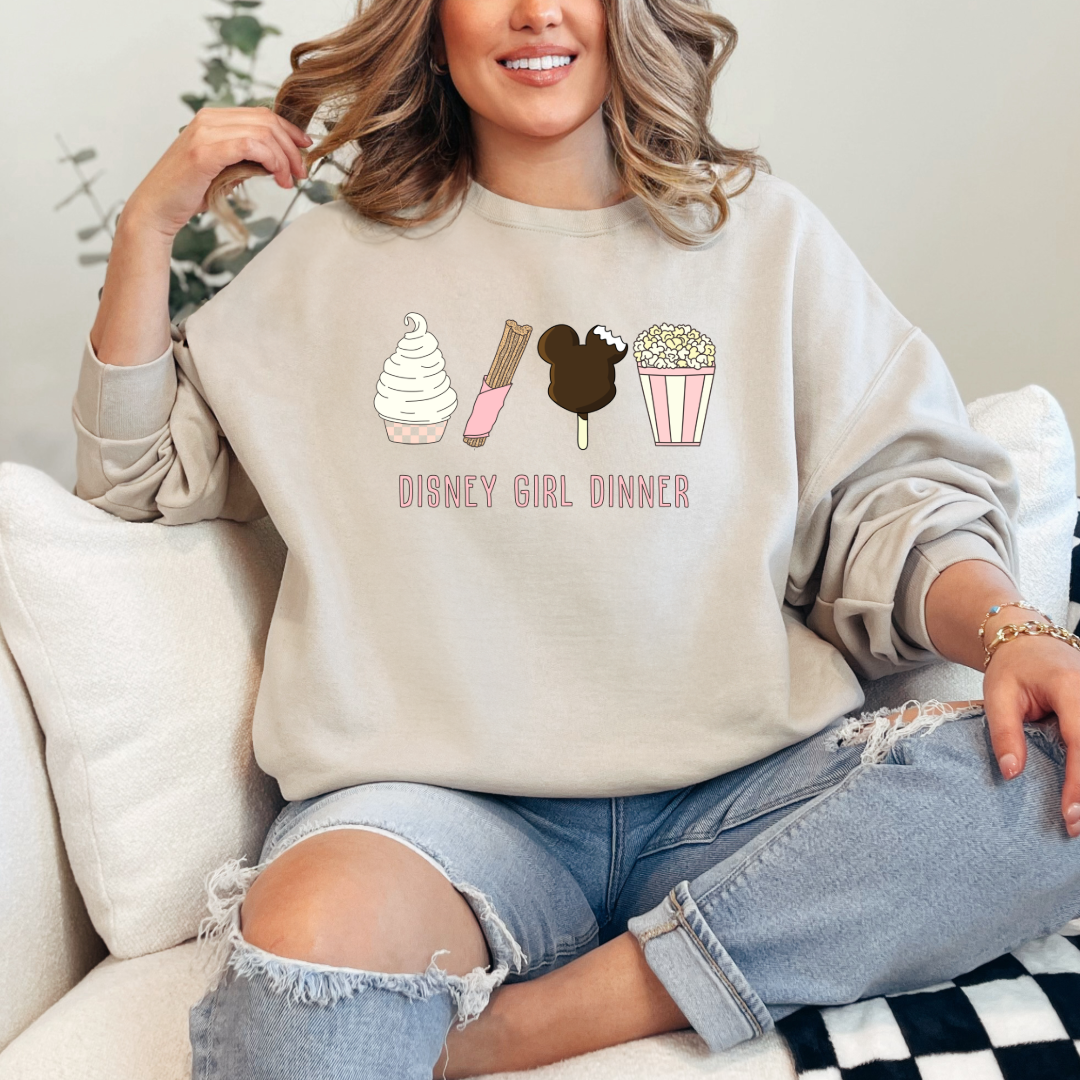 Customize adult Beige Disney girl dinner crewneck Dolewhip, Churro, mickey bar and popcorn on the front. 