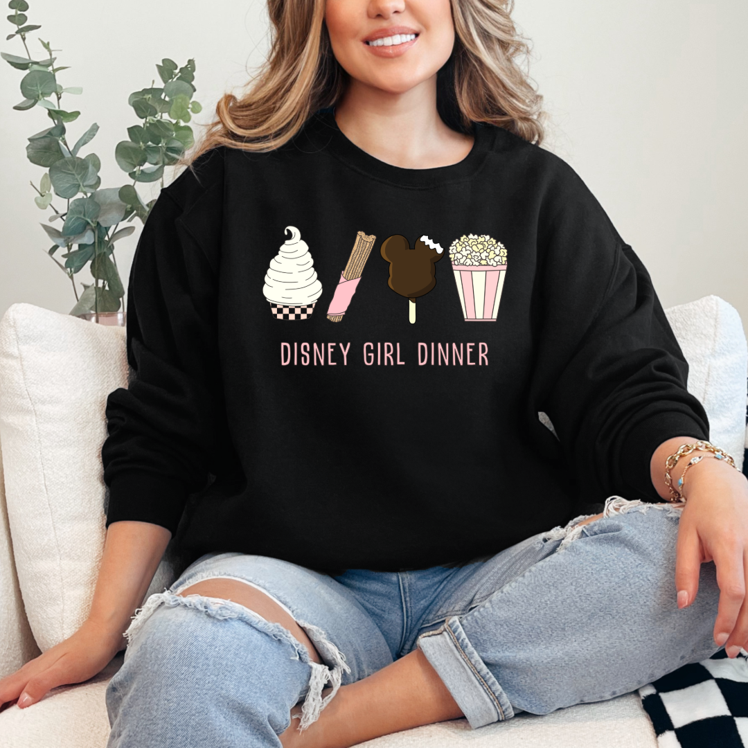 Customize adult Black Disney girl dinner crewneck Dolewhip, Churro, mickey bar and popcorn on the front. 