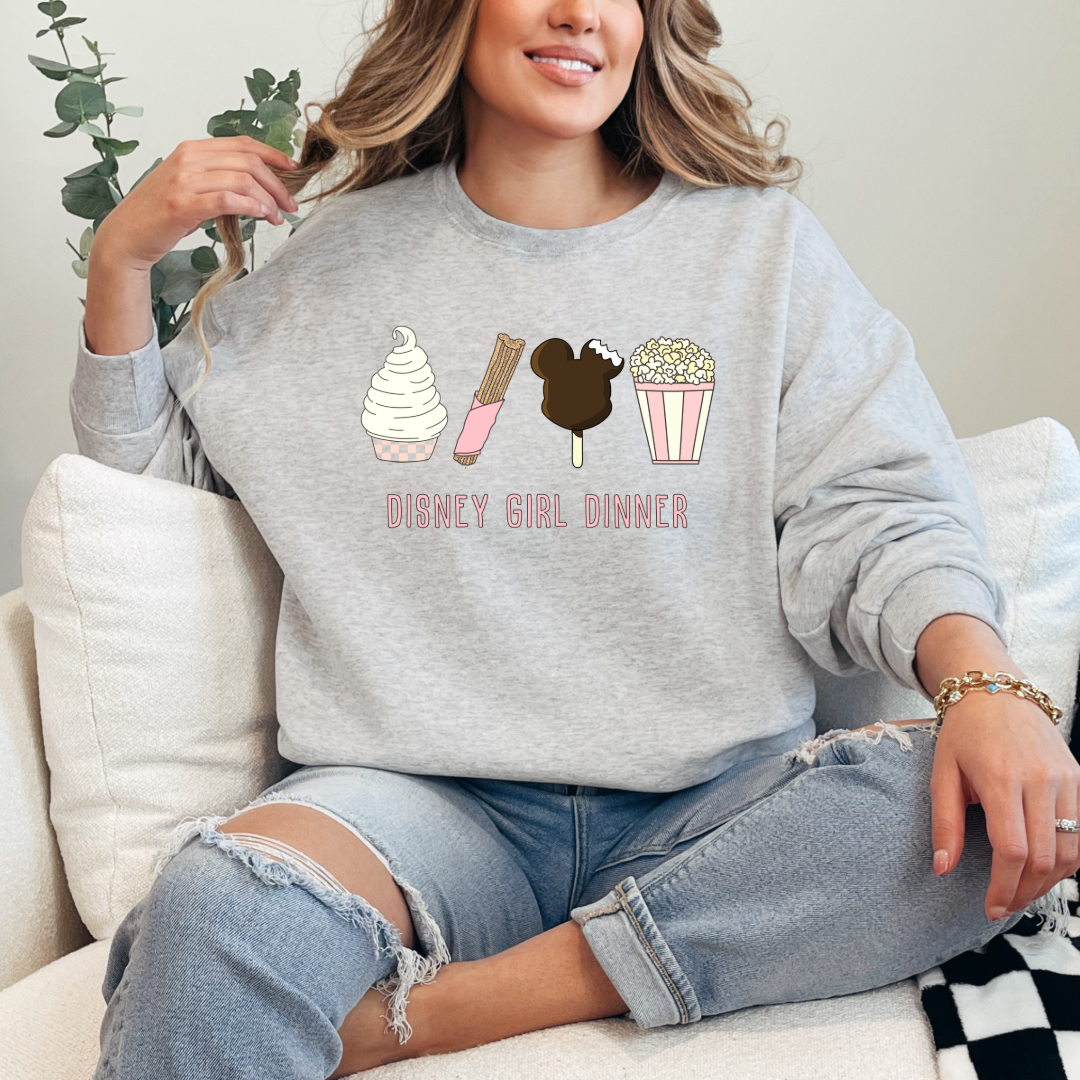 Customize adult Grey Disney girl dinner crewneck Dolewhip, Churro, mickey bar and popcorn on the front. 