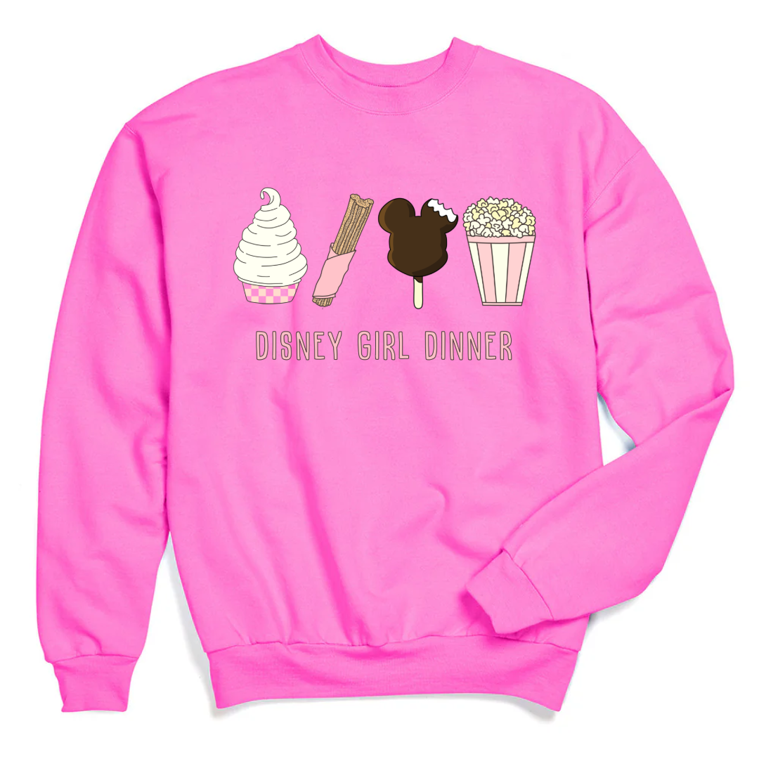 Customize adult Hot pink Disney girl dinner crewneck Dolewhip, Churro, mickey bar and popcorn on the front. 