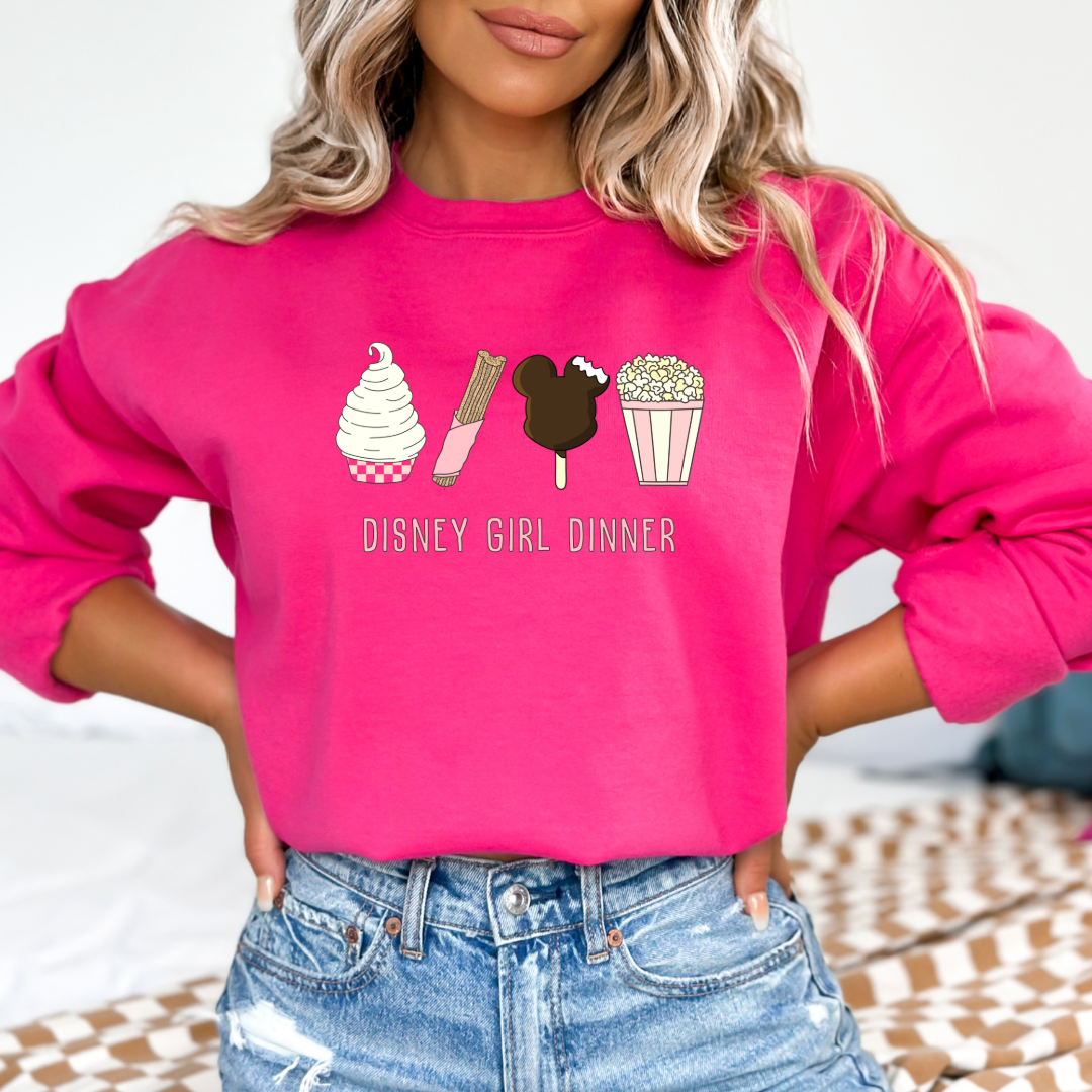 Customize adult Medium Hot Pink Disney girl dinner crewneck Dolewhip, Churro, mickey bar and popcorn on the front. 