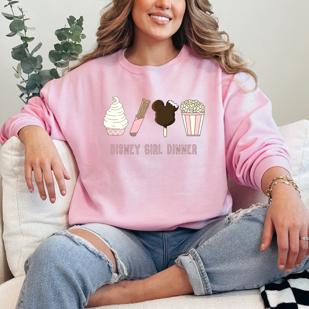Customize adult Light Pink Disney girl dinner crewneck Dolewhip, Churro, mickey bar and popcorn on the front. 
