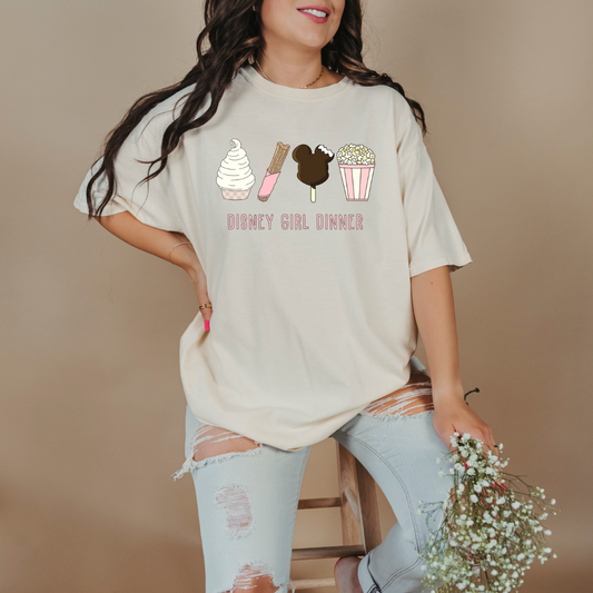 Customize adult Ivory Disney girl dinner Graphic Tee Dolewhip, Churro, mickey bar and popcorn on the front. 