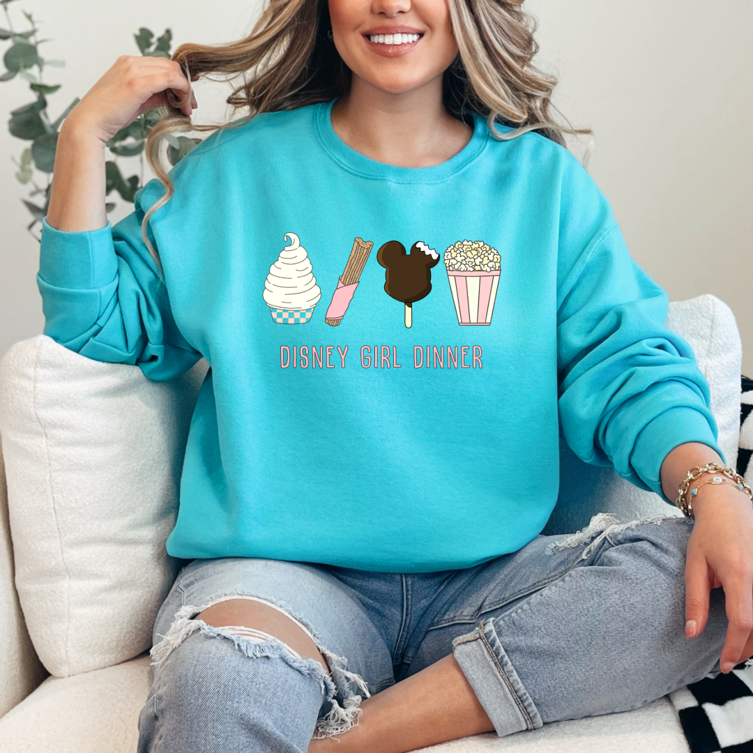 Customize adult Lagoon Blue Disney girl dinner crewneck Dolewhip, Churro, mickey bar and popcorn on the front. 