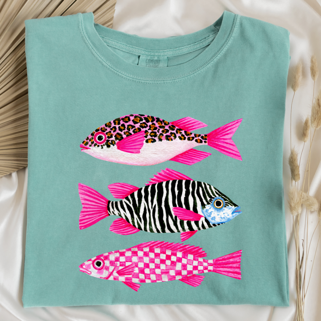 Three Pink Fish Graphic Tee & Crewneck