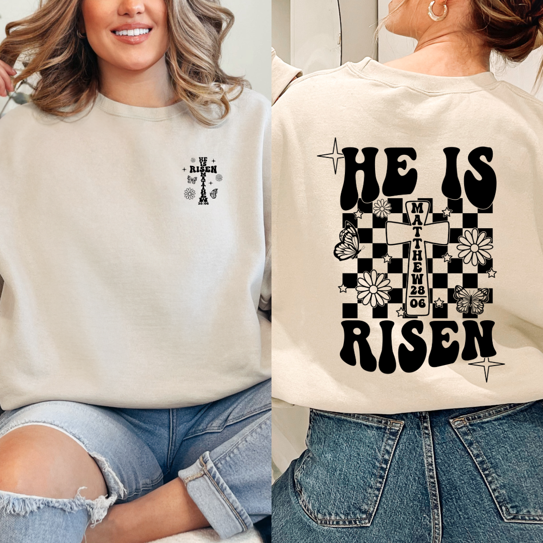 He is risen black groovy font beige adult crewneck