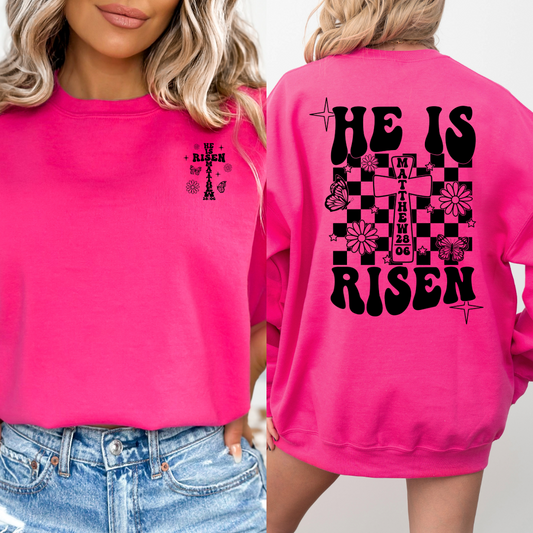 Customized he is risen Adult black font medium pink crewneck. 