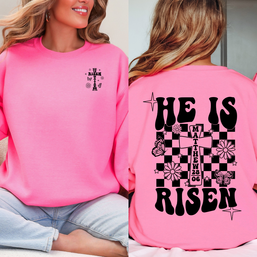 Customized he is risen black groovy font adult hot pink crewneck