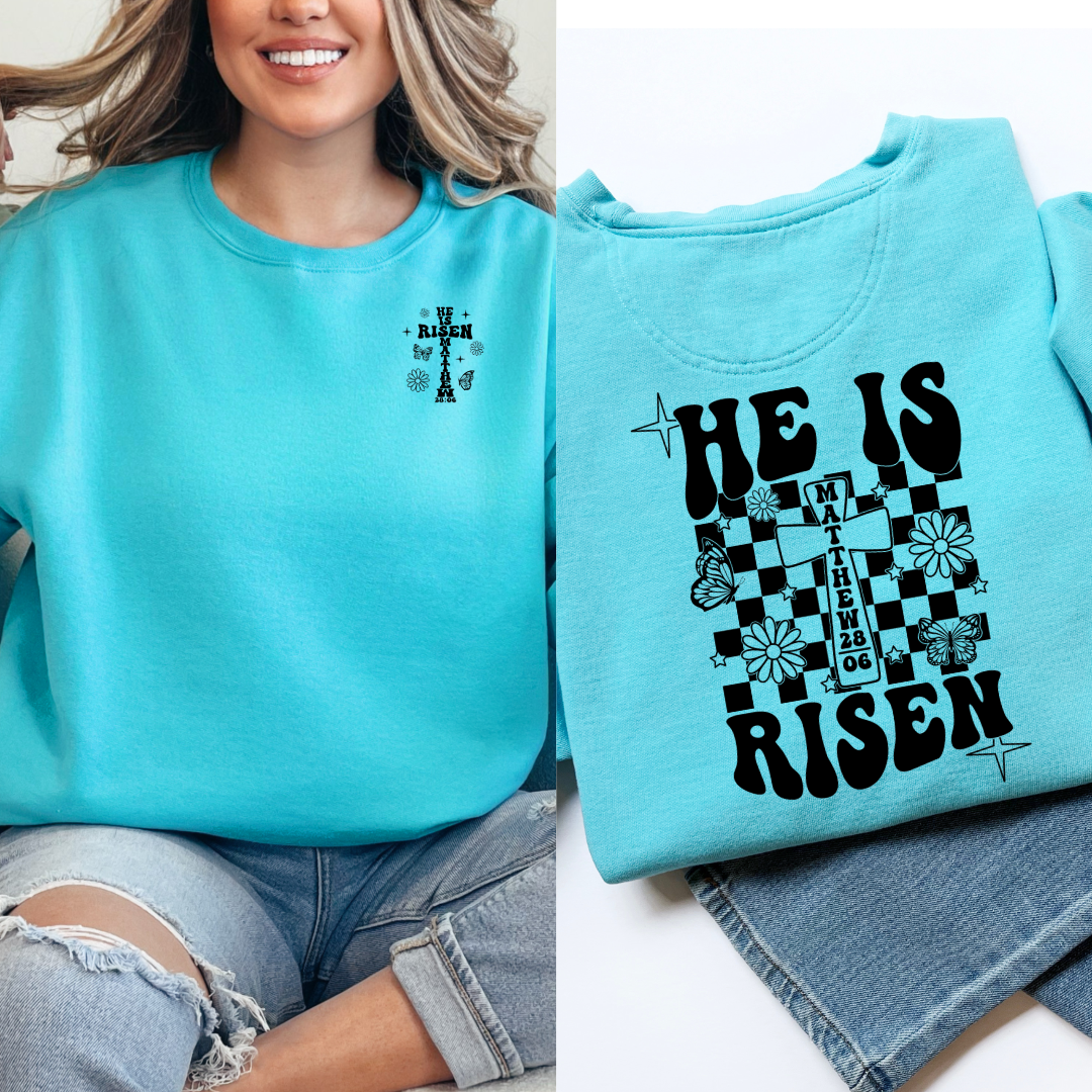 Customized he he is risen black groovy for adult scuba blue crewneck