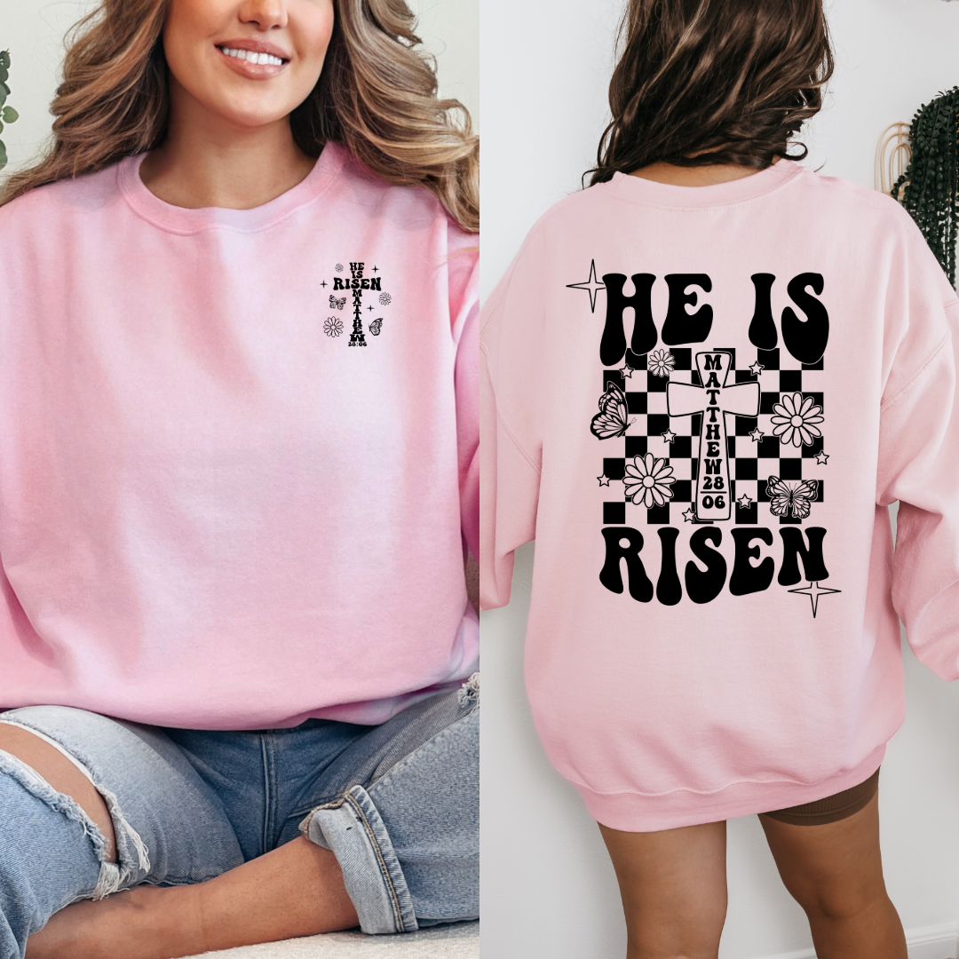 Customized he is risen black groovy font light pink adult crewneck 