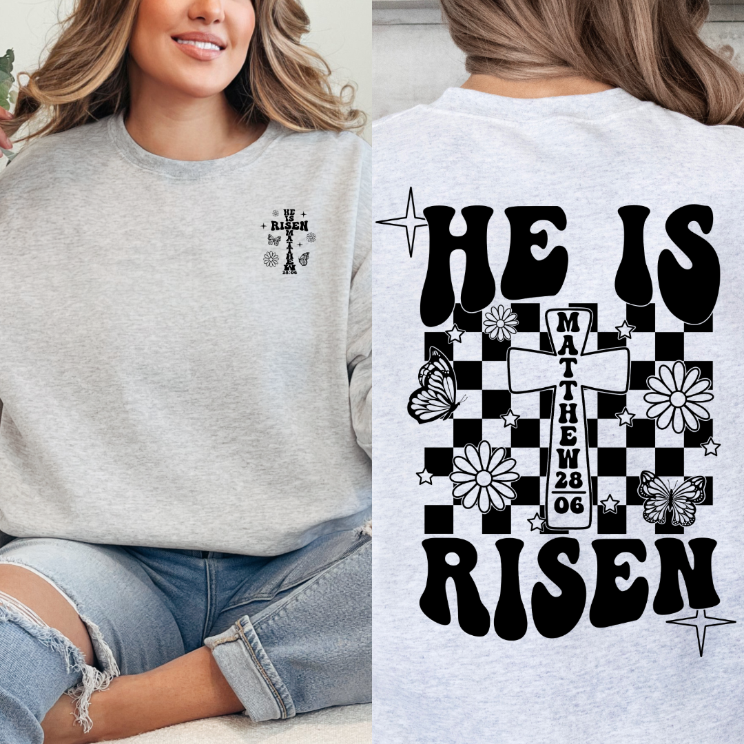 Customized he is risen black groovy font adult grey crewneck 