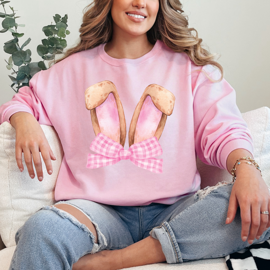 Customized bunny ears silhouette with pink gingham bow watercolor adult light pink crewneck matching youth available 