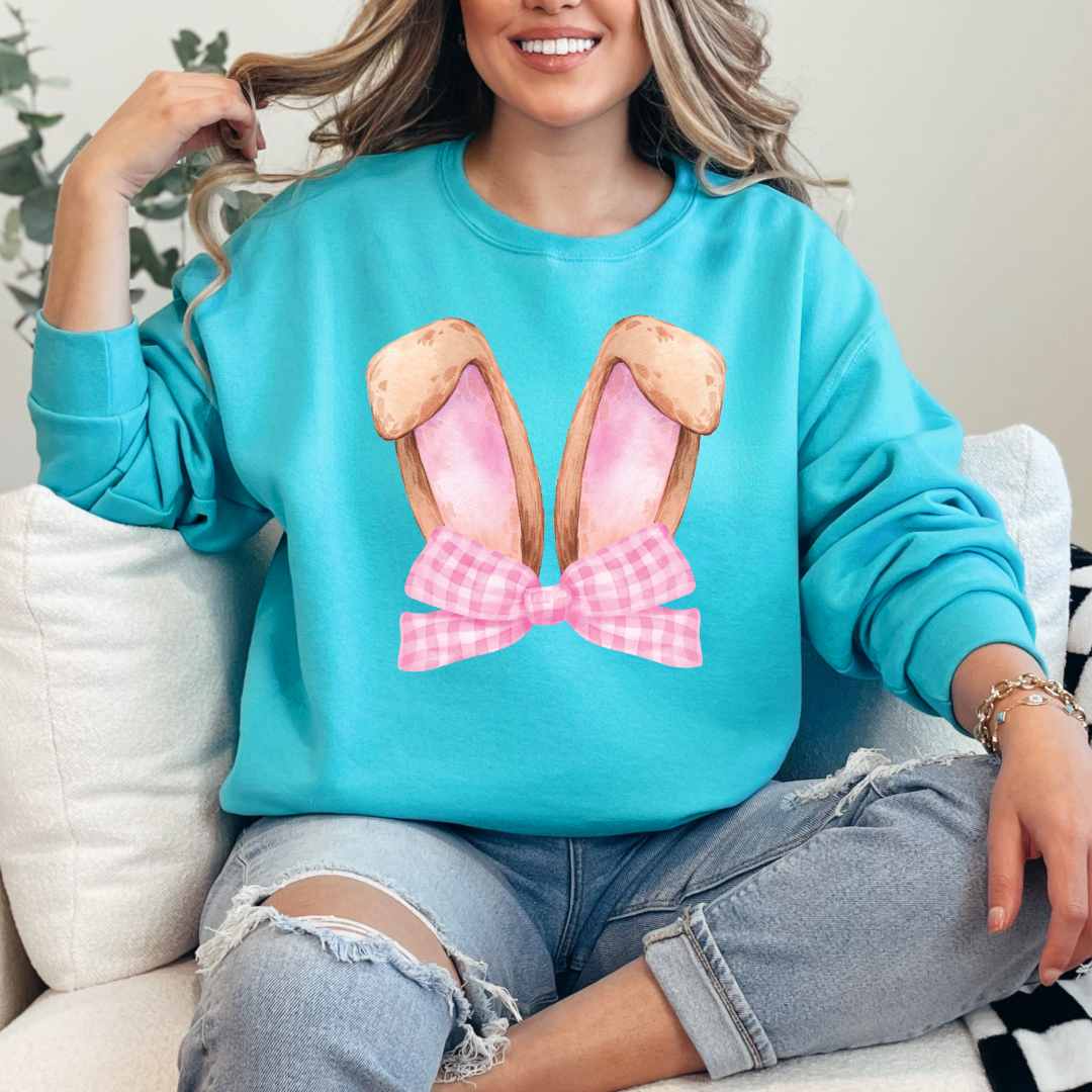 Customized bunny ears silhouette with pink gingham bow watercolor adult scuba blue crewneck matching youth available 